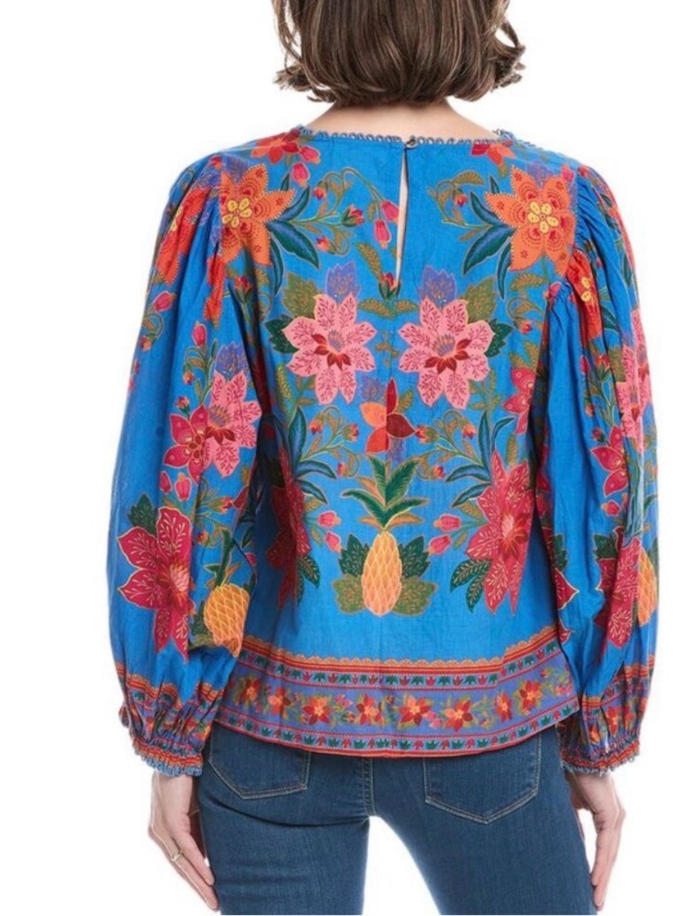 farm rio blue floral Blouse Bubble Sleeve With Tassels Tropical Island Beach - Picture 5 of 12